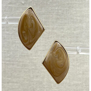 Gold Tone Stud Earrings w/ Creamy Swirl Enamel Secure Lock Back Closure